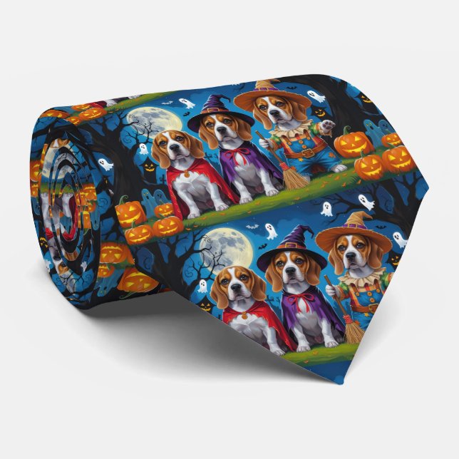 Beagle Dogs Pumpkin Halloween Funny Neck Tie (Rolled)