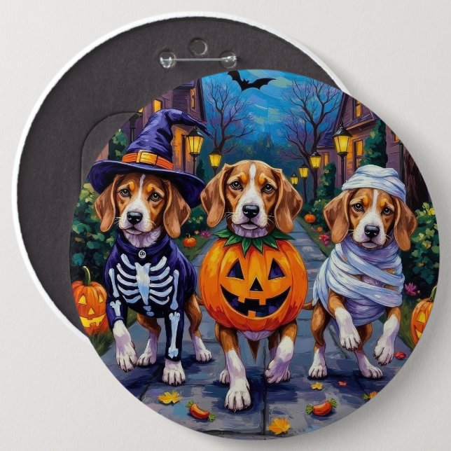 Beagle Dogs Trick-or-Treating in Halloween Costume Button (Front & Back)