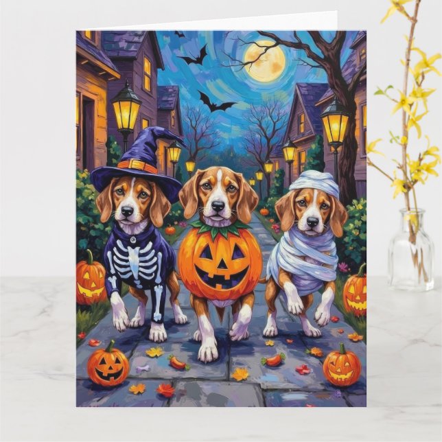 Beagle Dogs Trick-or-Treating in Halloween Costume Card (Yellow Flower)