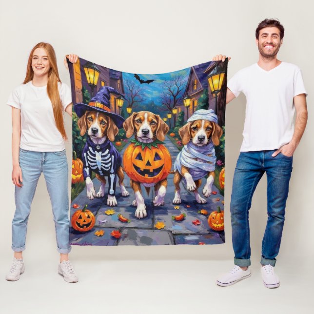 Beagle Dogs Trick-or-Treating in Halloween Costume Fleece Blanket (In Situ)