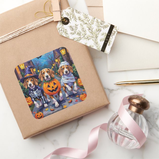 Beagle Dogs Trick-or-Treating in Halloween Costume Square Sticker (Gifting)