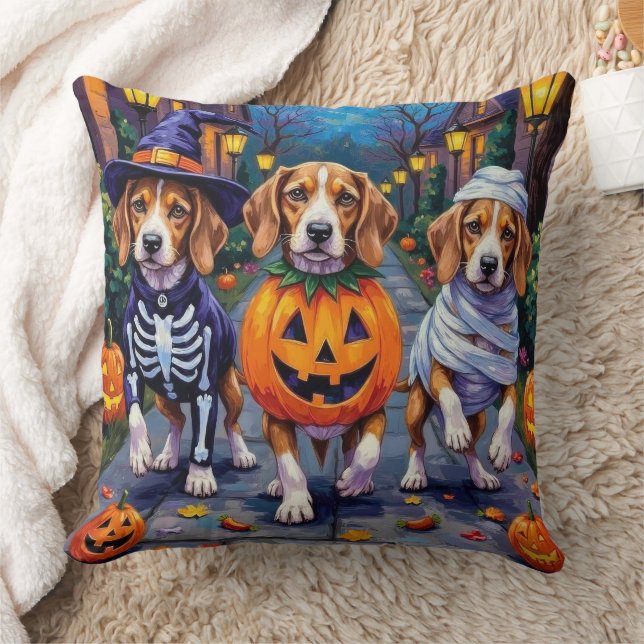 Beagle Dogs Trick-or-Treating in Halloween Costume Throw Pillow (Blanket)