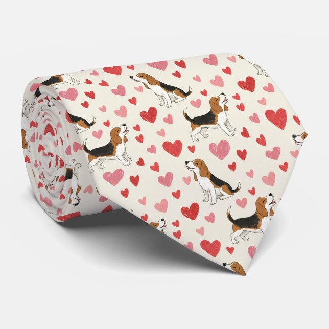 Beagle Dogs with Hearts Pattern Neck Tie (Rolled)