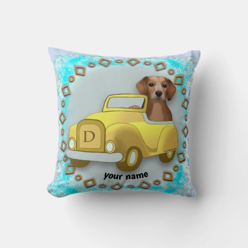 Beagle Driving Car custom name  Throw Pillow