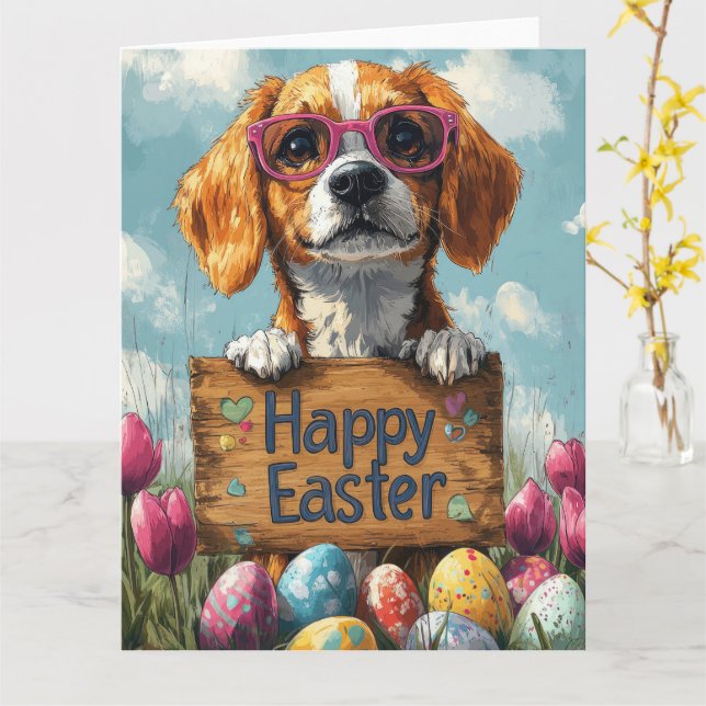 Beagle Easter Eggs Card (Yellow Flower)