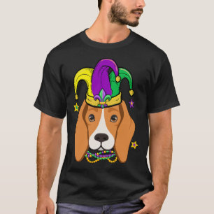 Beagle Face Wearing Mardi Gras Beads Jester Hat T-Shirt