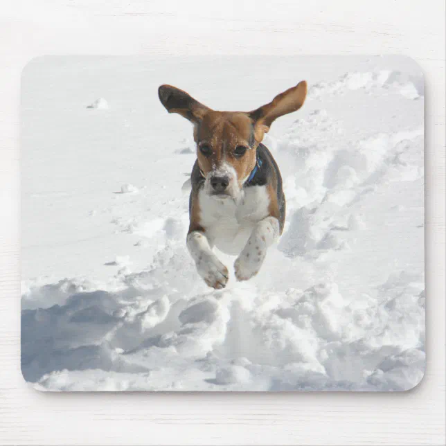 Beagle Flying in the Snow Mouse Pad | Zazzle