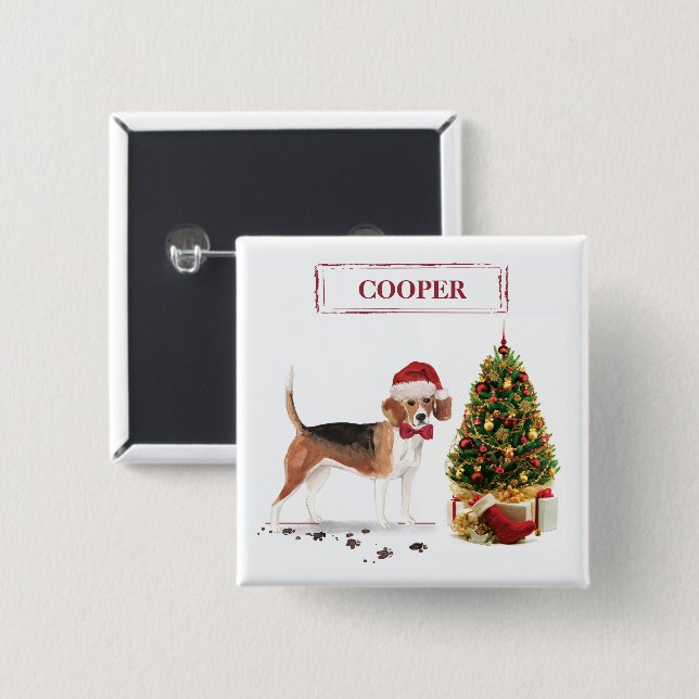 Beagle Funny Christmas Dog with Tree Button (Front & Back)