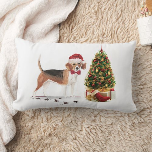 Beagle Funny Christmas Dog with Tree Lumbar Pillow