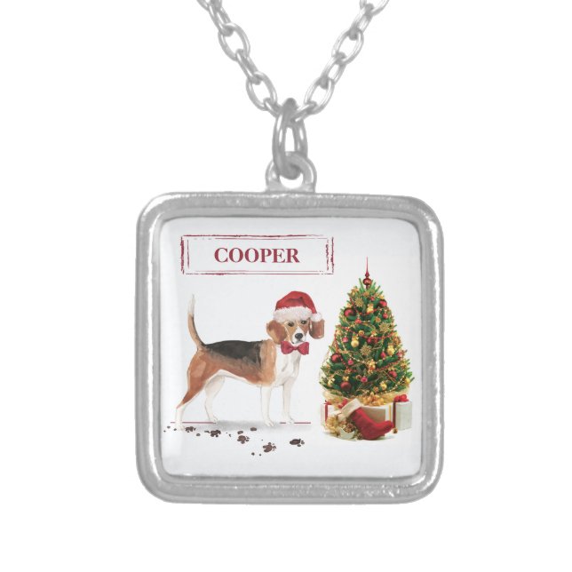 Beagle Funny Christmas Dog with Tree Silver Plated Necklace (Front)