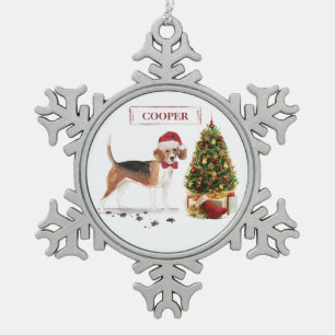 Beagle Funny Christmas Dog with Tree Snowflake Pewter Christmas Ornament