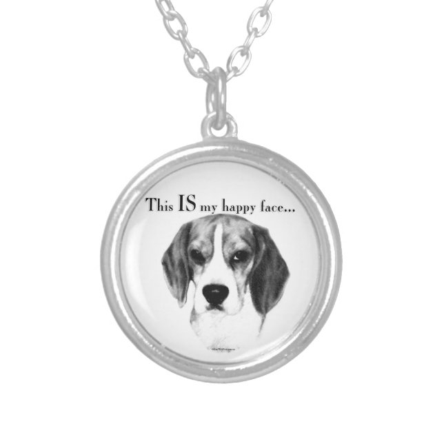 Beagle Happy Face; Happy Beagle; Grumpy Beagle Silver Plated Necklace (Front)