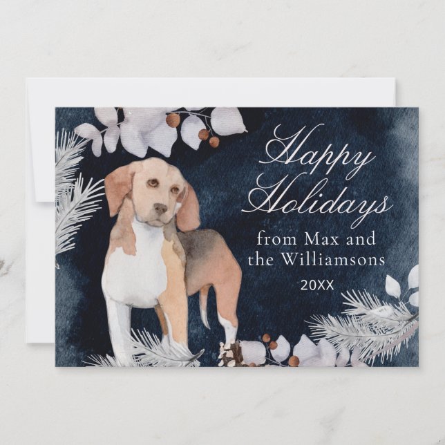 Beagle Happy Holidays Custom Watercolor Holiday Card (Front)