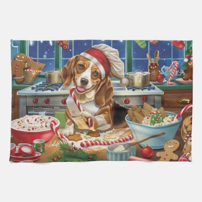 Beagle Holiday Baking: Festive Christmas Kitchen Towel (Horizontal)