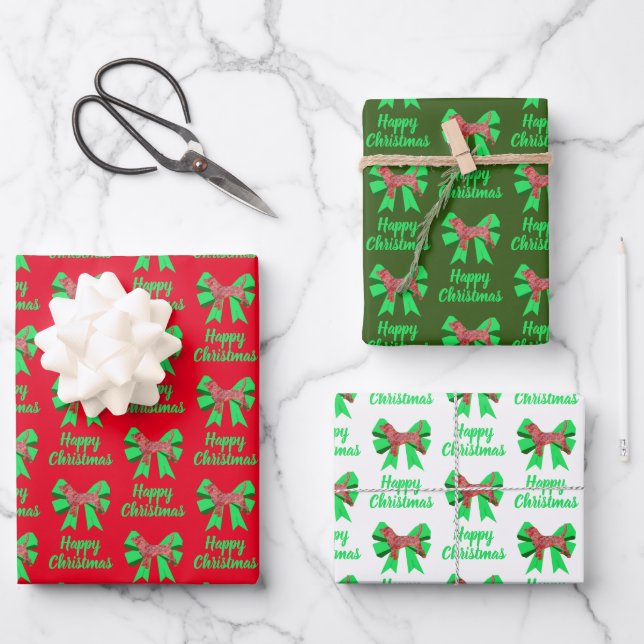 Beagle Hound Christmas Dog & Green Bow Wrapping Paper Sheets (Front)