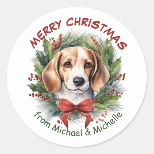 Beagle Hound Christmas Red Bow Wreath Classic Round Sticker