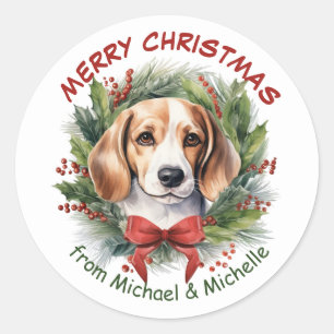 Beagle Hound Christmas Red Bow Wreath Classic Round Sticker
