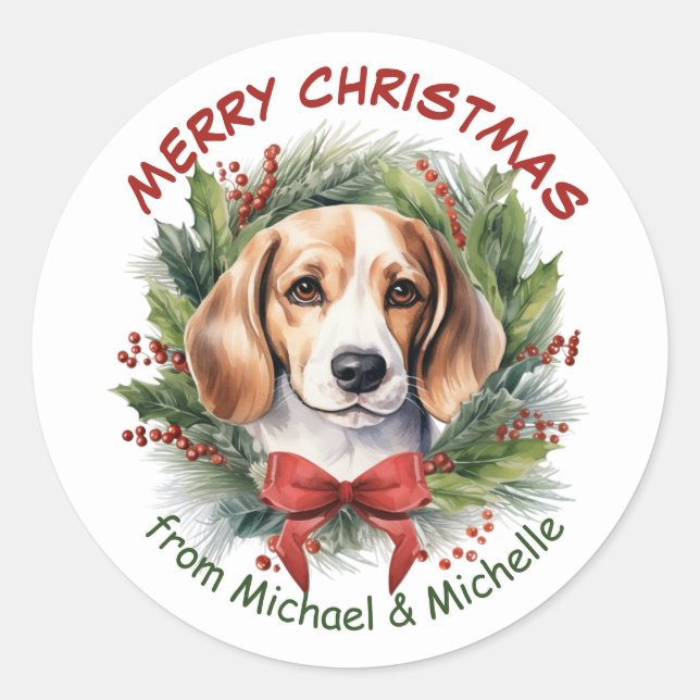 Beagle Hound Christmas Red Bow Wreath Classic Round Sticker (Front)
