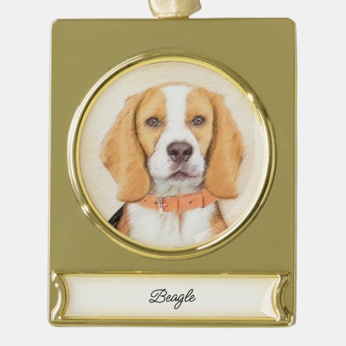 Beagle Hound Dog Painting Original Animal Art Gold Plated Banner Ornament