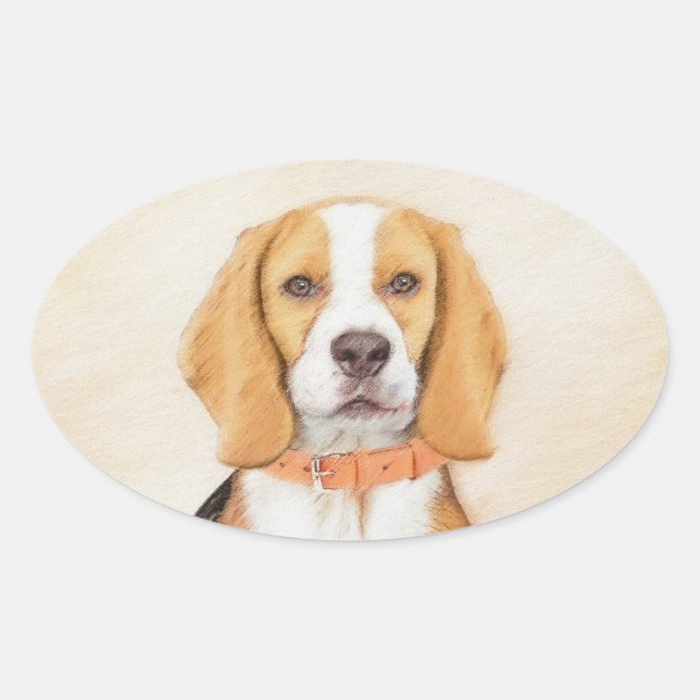 Beagle Hound Dog Painting Original Animal Art Oval Sticker (Front)