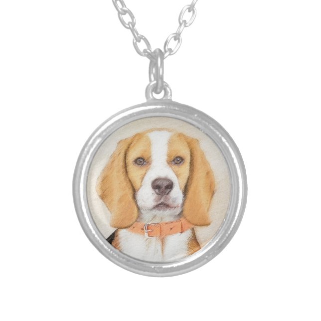 Beagle Hound Dog Painting Original Animal Art Silver Plated Necklace (Front)