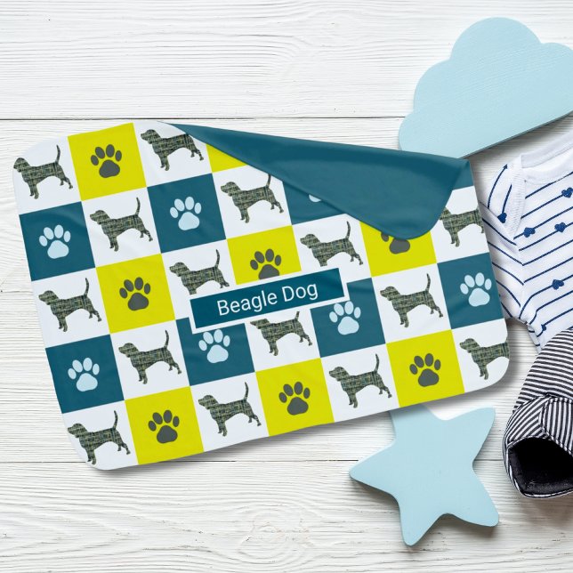Beagle Hound Dog & Paw Y&B Grid Baby Blanket (Creator Uploaded)