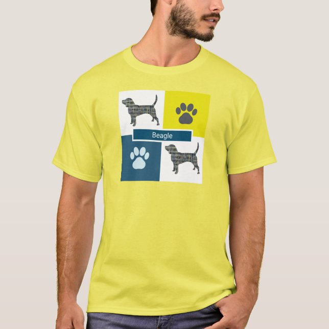 Beagle Hound Dog & Paw Y&B Grid Square T-Shirt (Front)