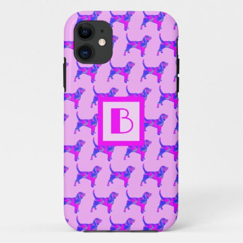 Beagle Hound Dog Pink  Blue Silhouette Monogram iPhone 11 Case