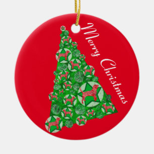 Beagle Hound Dog Silhouette Christmas Tree Red Ceramic Ornament