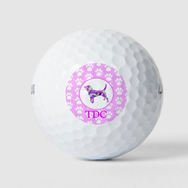 Beagle Hound Dog Silhouette Paw Pink PY&B Golf Balls (Front)