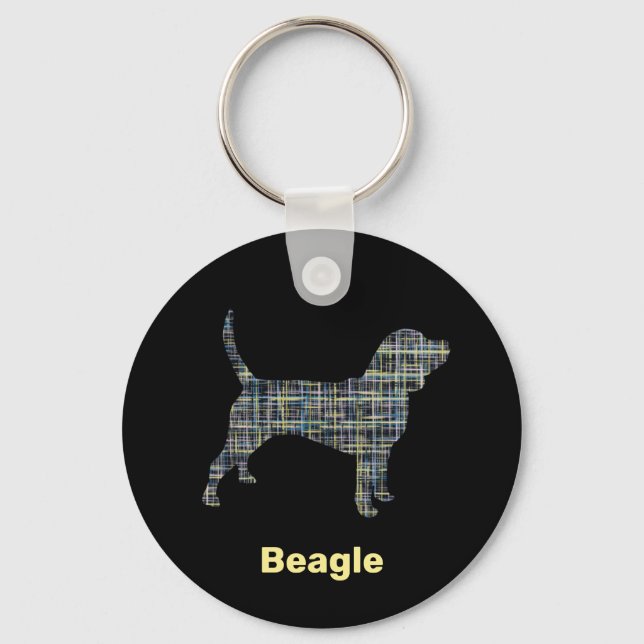 Beagle Hound Dog Silhouette Yellow & Black Grid Keychain (Front)