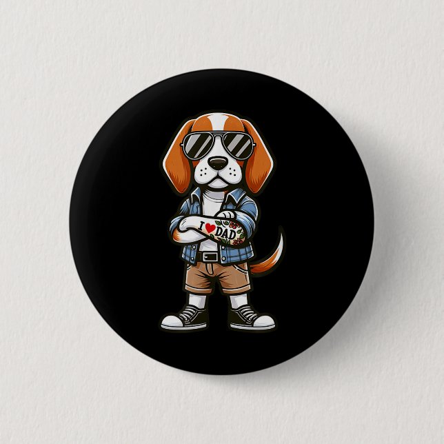 Beagle I Love Dad Funny Dog Tattoo  Button (Front)