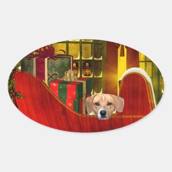 Beagle In A Christmas Sleigh Oval Sticker by deemac2 at Zazzle