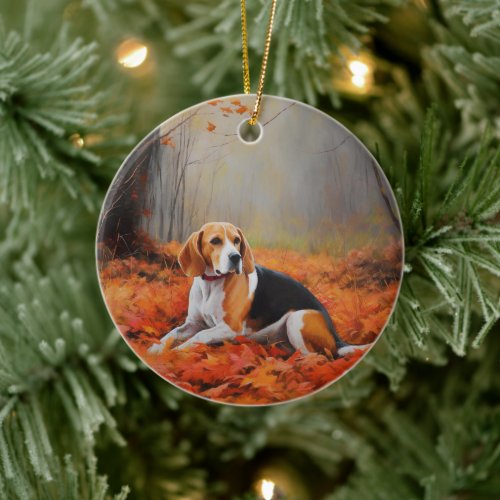 Beagle in Autumn Leaves Fall Inspire  Ceramic Ornament