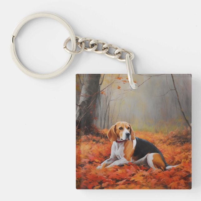 Beagle in Autumn Leaves Fall Inspire  Keychain (Front)