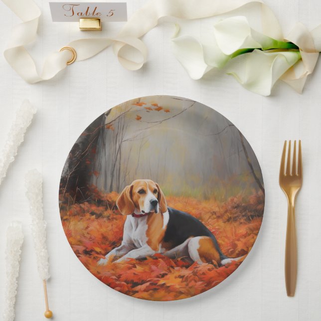 Beagle in Autumn Leaves Fall Inspire  Paper Plates (Wedding)