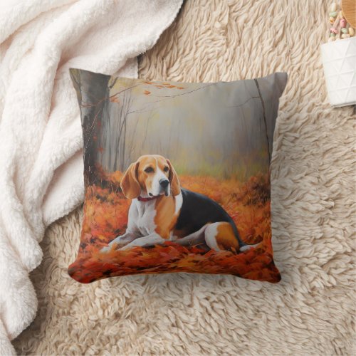 Beagle in Autumn Leaves Fall Inspire  Throw Pillow