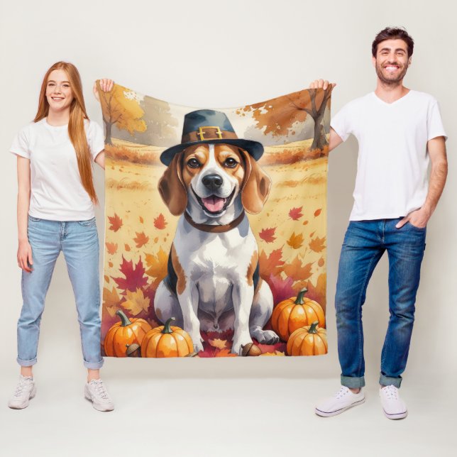Beagle In Autumn Leaves Thanksgiving Art  Fleece Blanket (In Situ)