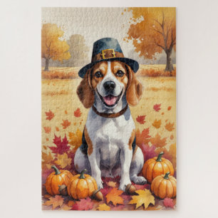 Beagle In Autumn Leaves Thanksgiving Art Jigsaw Puzzle