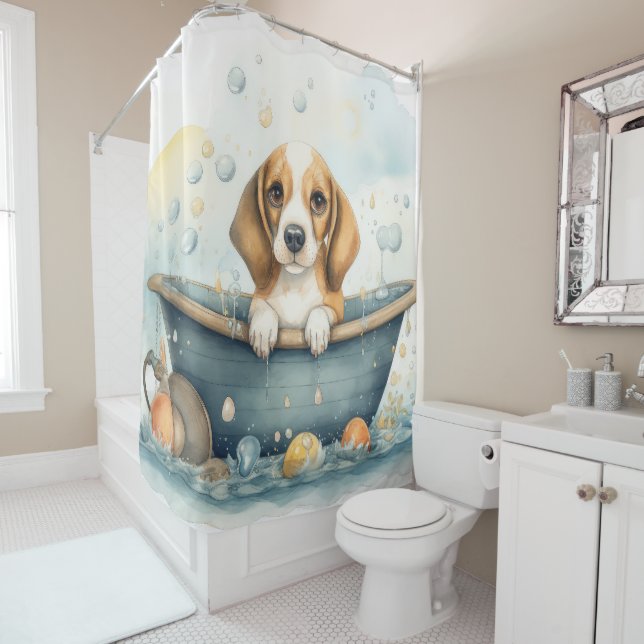 Beagle In Bathtub Watercolor Dog Art Shower Curtain (In Situ)