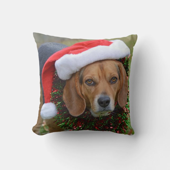 Beagle In Santa Hat & Christmas Garland Throw Pillow (Front)