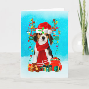 Beagle in snow with Christmas gifts Card