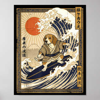 Beagle japanese surfing kanagawa wave funny samura poster