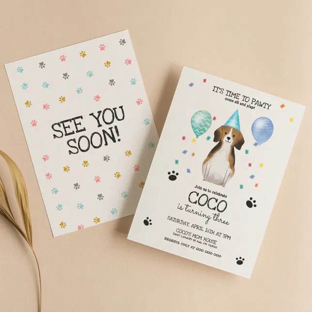 Beagle Lets Pawty Dog Puppy Birthday Blue Invitation | Zazzle