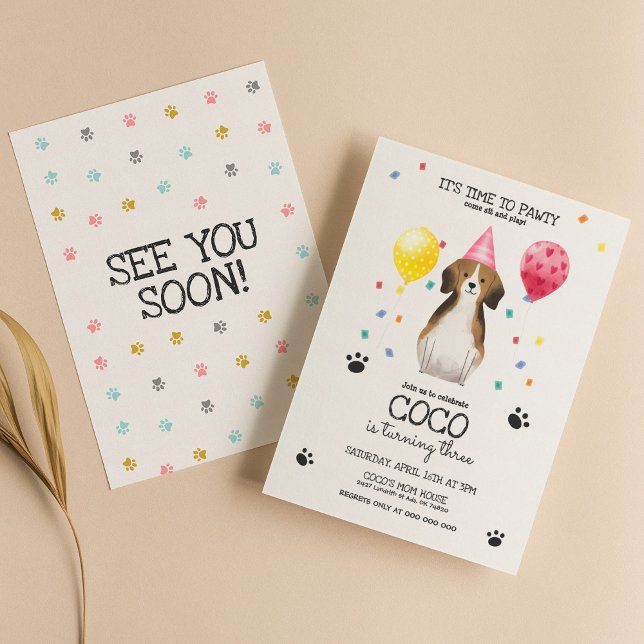 Beagle Lets Pawty Dog Puppy Birthday Pink Invitation (Creator Uploaded)