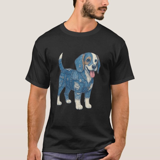 Beagle Lover Denim Patchwork Beagle Mom Beagle Dog T-Shirt (Front)