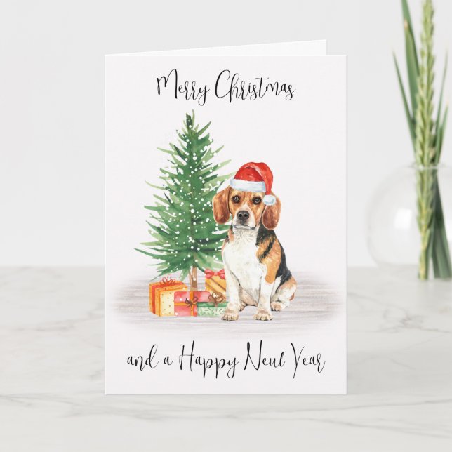 Beagle Merry Christmas Festive Santa Dog Holiday Card (Front)