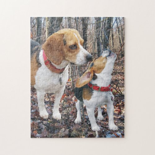 Beagle Mom  Puppy In Woods Jigsaw Puzzle