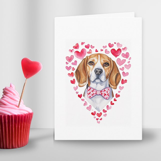 Beagle Mom Valentines Day Dog Love Heart Pink Red Holiday Card (Beagle heart Valentines day watercolor folded card for cute dog mom parent or couple in love gift )