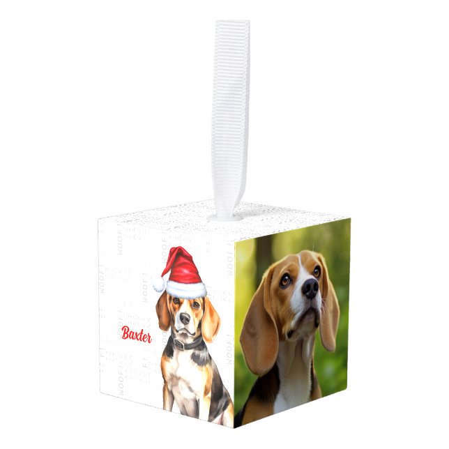 Beagle Name Two Photo Christmas Holiday Cube Ornament (Front Angled)